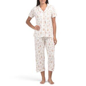 POPPY & CLAY cream Coffee Notch Collar Top And Capris Pajama Set